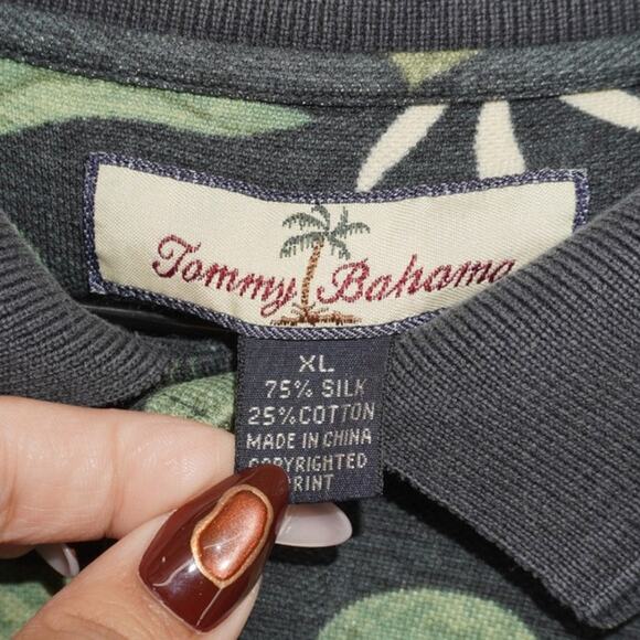 Tommy Bahama XL Silk Cotton Blend Polo Shirt Black Tropical Floral Palm Tree - Picture 5 of 6